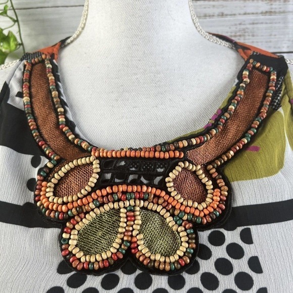 Desigual Blouse Tank Extra Small Orange Green Black Sheer Beads Cocktail Party - Picture 6 of 10